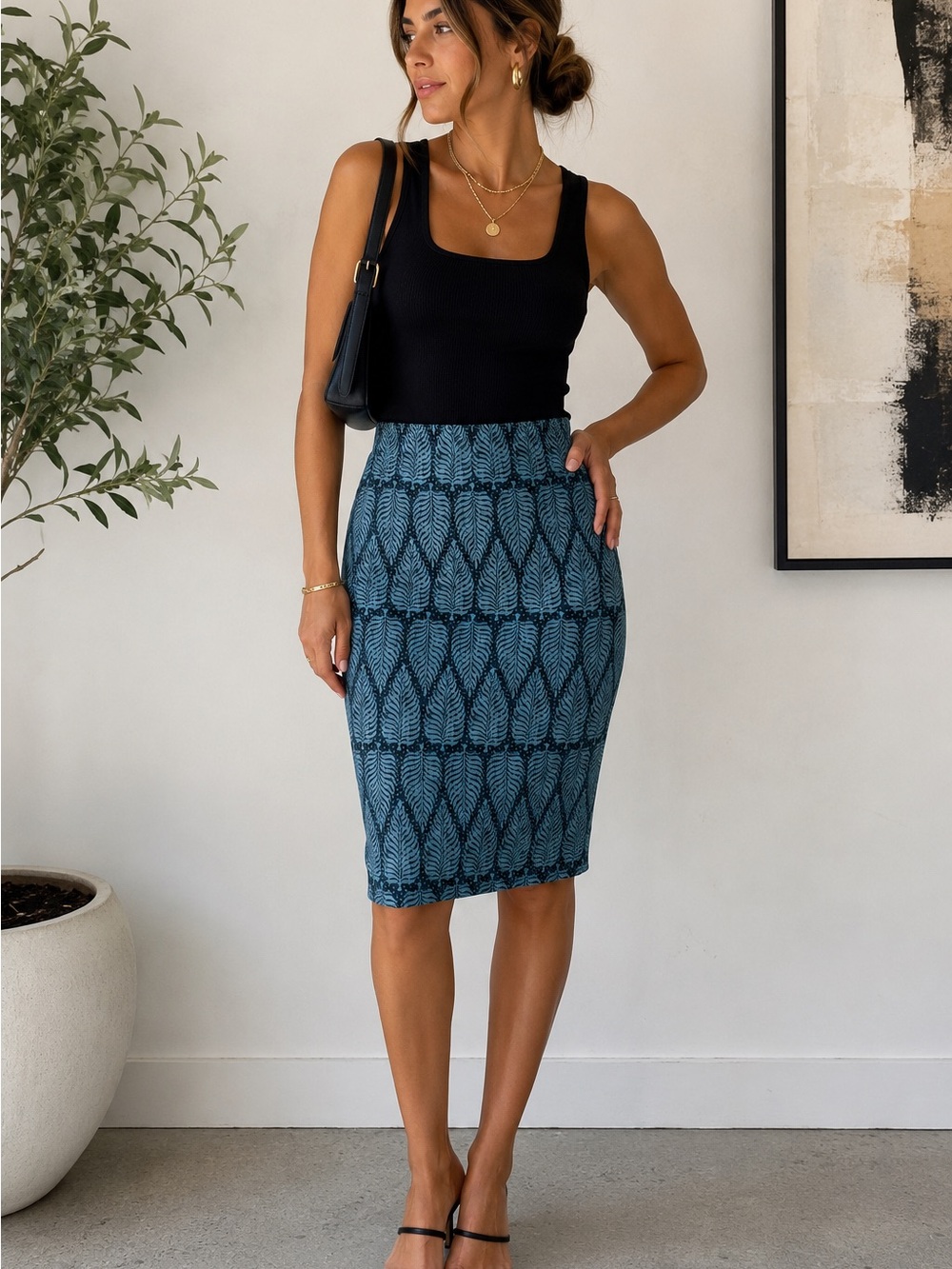 Madison Jules NWT Blue Leaf Print Pencil Skirt Sz 6